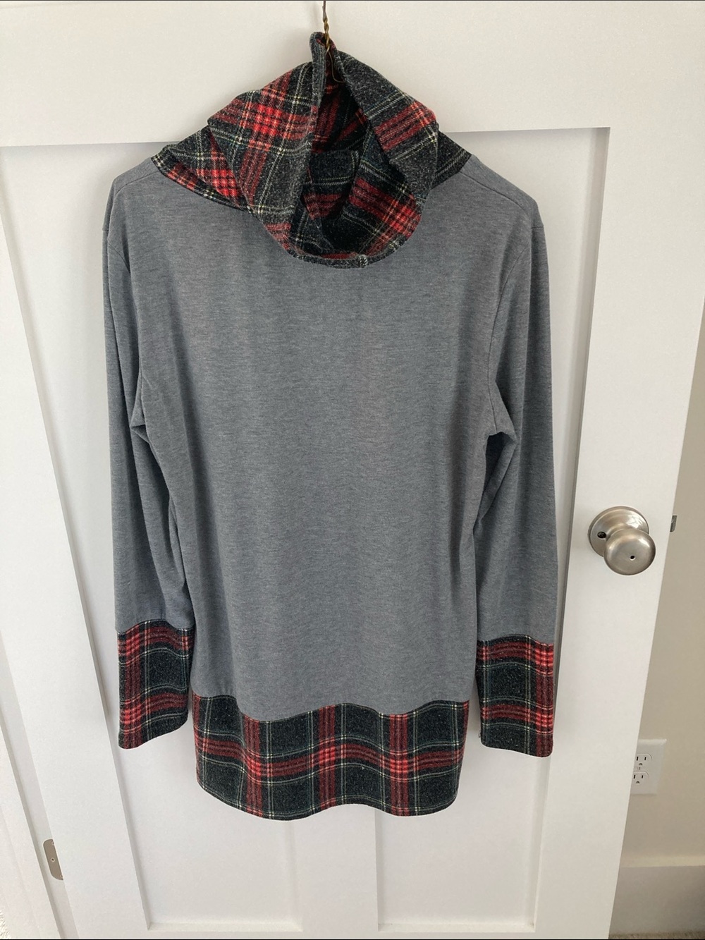 Women’s Grey Hoodie with Red Plaid Trim - Cozy Pullover